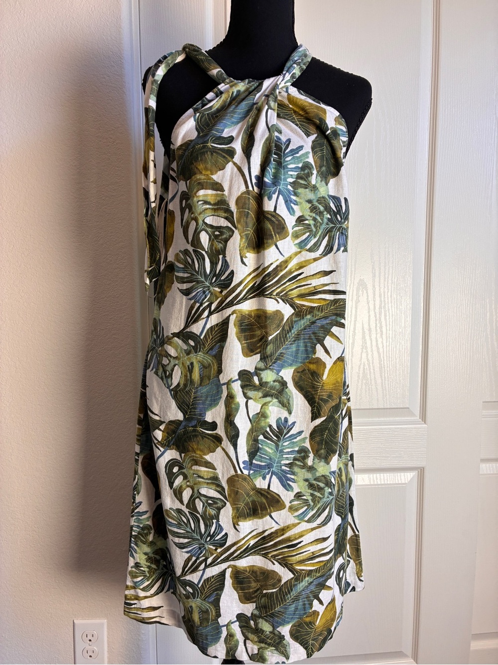 Tommy Bahama Strapless Tropical Leaf Halter Dress - Green/White/Blue